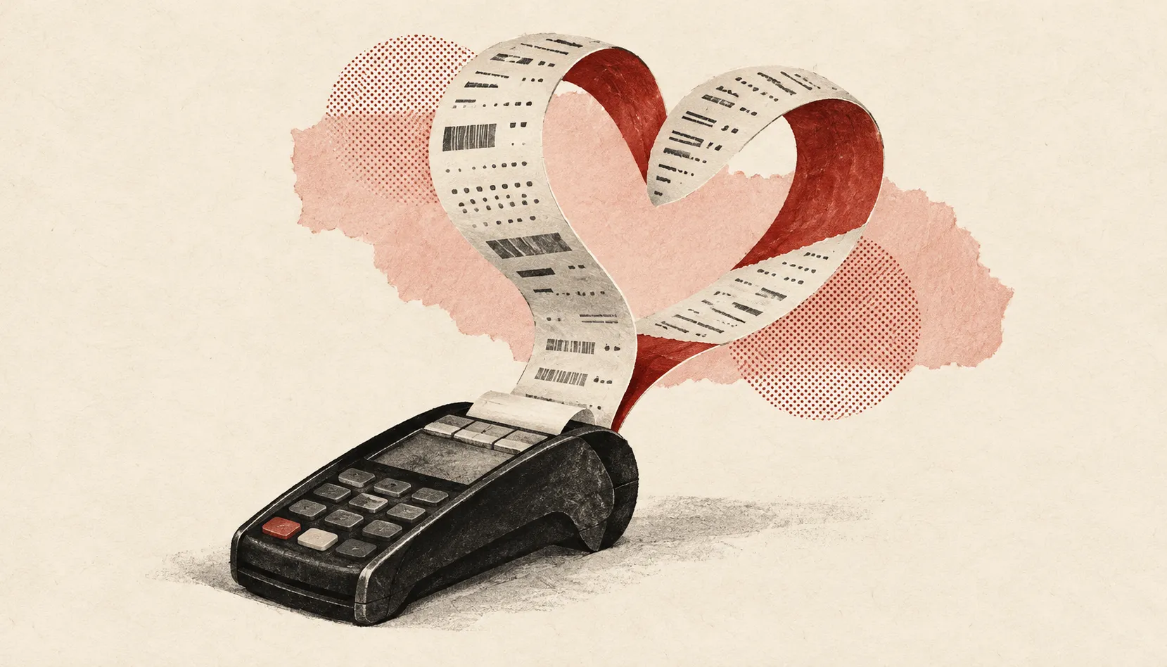 A long receipt loops into a red paper heart above a black payment terminal on textured ivory paper.
