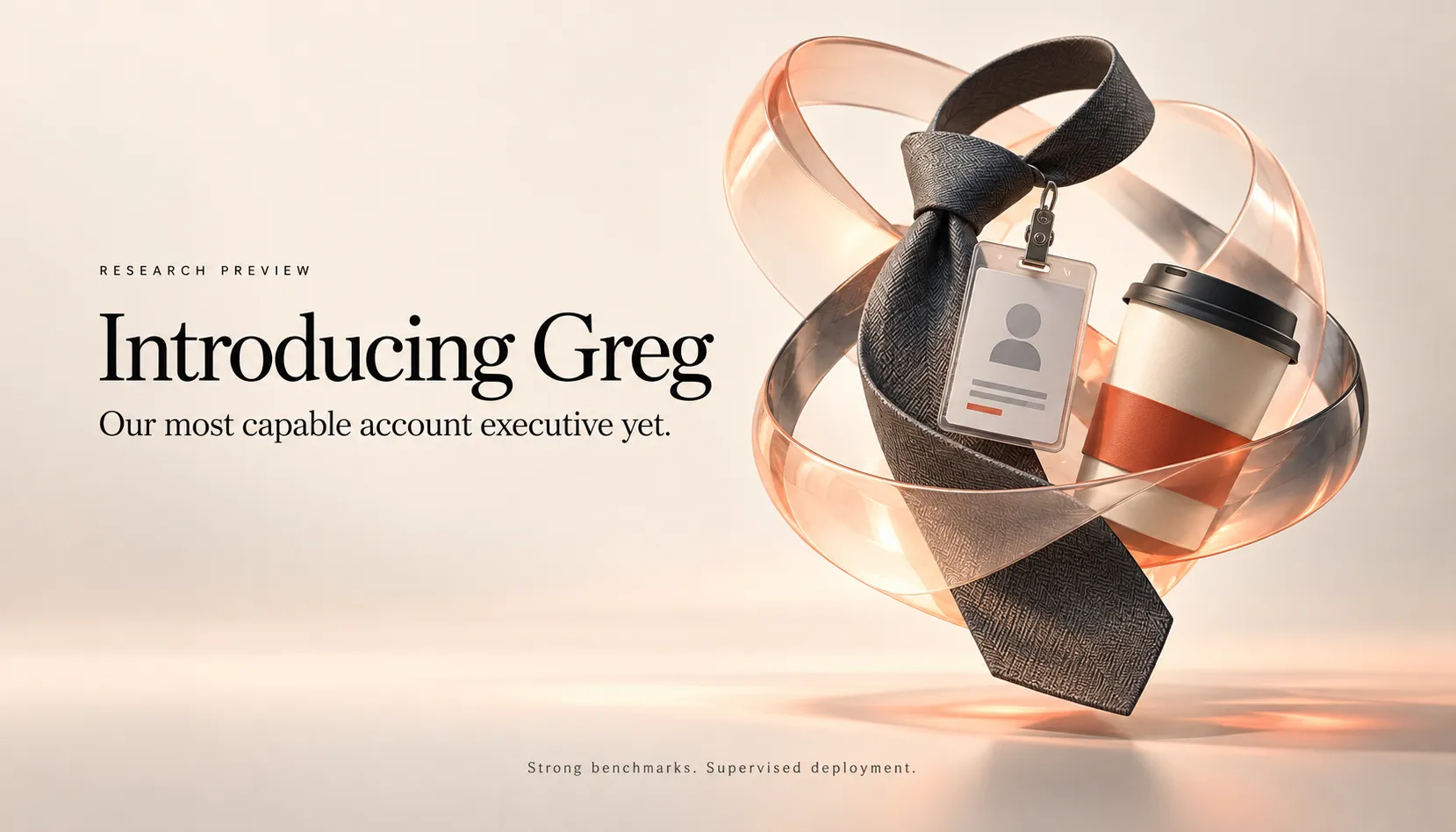 An Introducing Greg launch graphic with a floating necktie, employee badge and coffee cup enclosed in translucent peach ribbons.