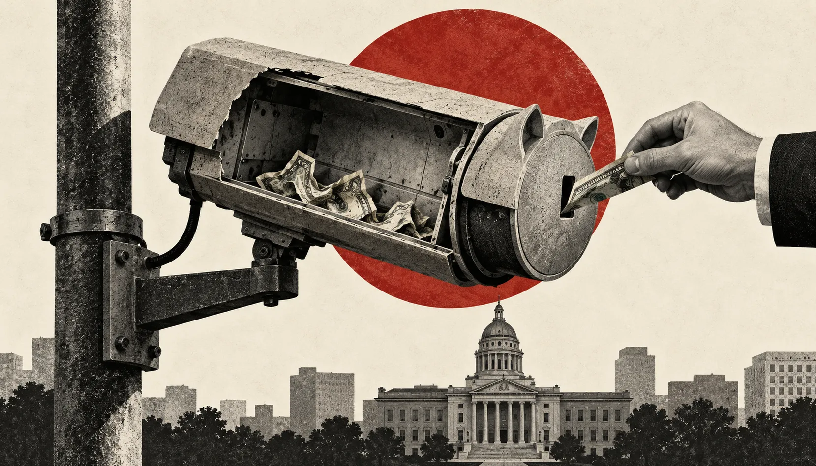 A hand feeds a banknote into a surveillance camera whose open housing contains cash, above a city hall.