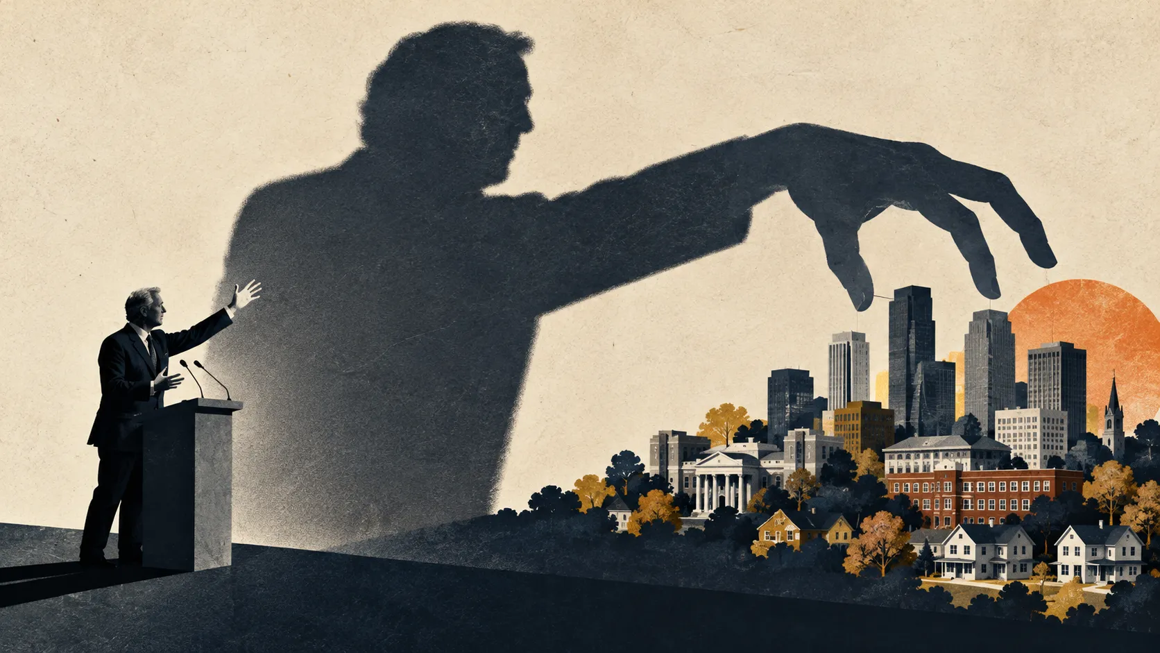 A billionaire at a lectern gestures toward his own enormous shadow looming over a miniature city.