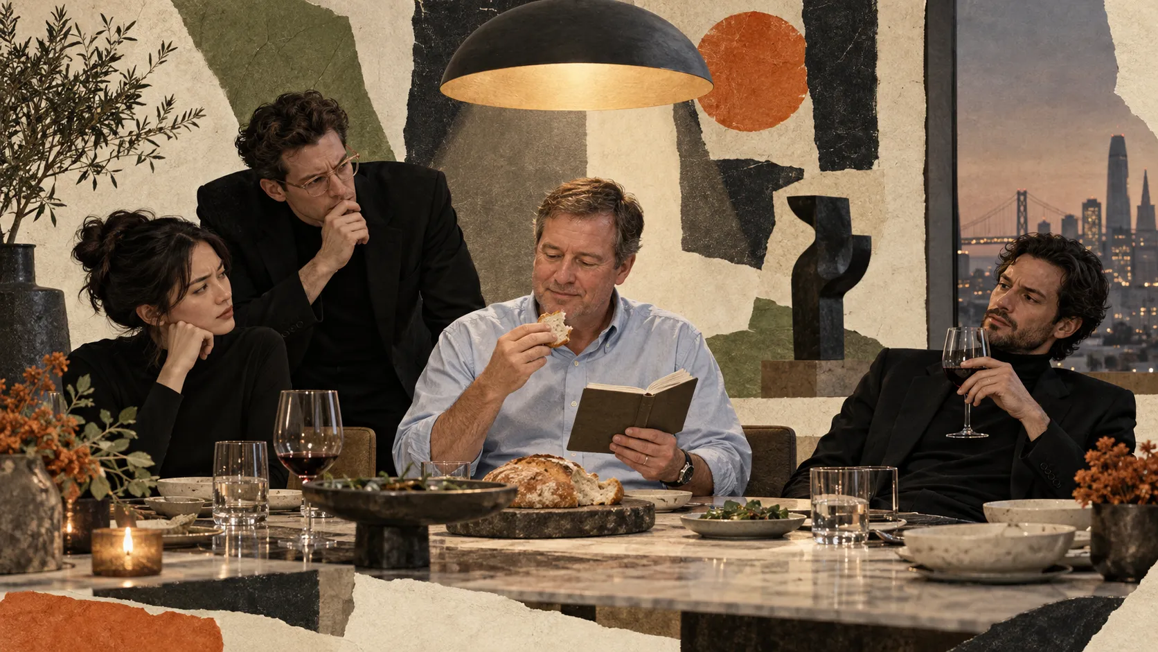 An ordinary businessman eats bread beneath a pendant lamp while three founders study him with baffled expressions at a San Francisco dinner.