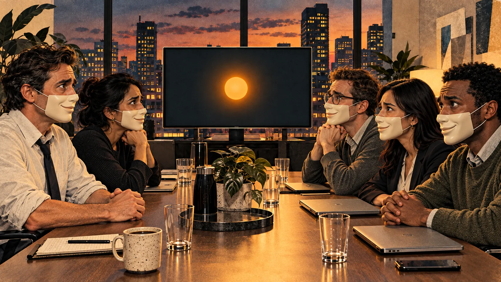 Five worried employees wear rigid smiling masks over the lower halves of their faces around a conference table beside a glowing monitor.