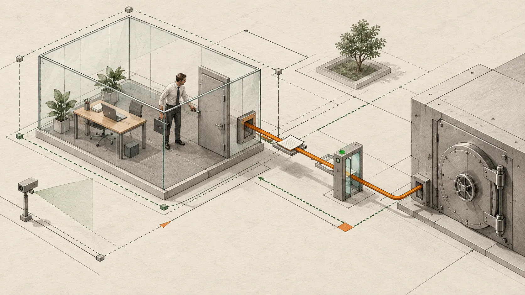 An isometric illustration of an office worker inside a transparent sandbox, with documents routed through an approval gate to a vault.