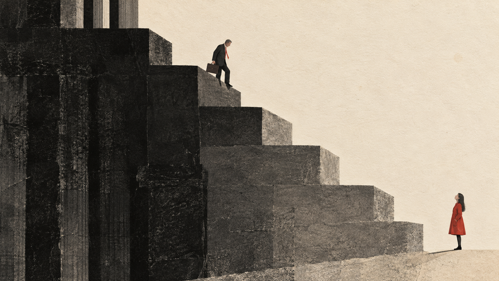 A father descends enormous stone steps toward a daughter waiting below.