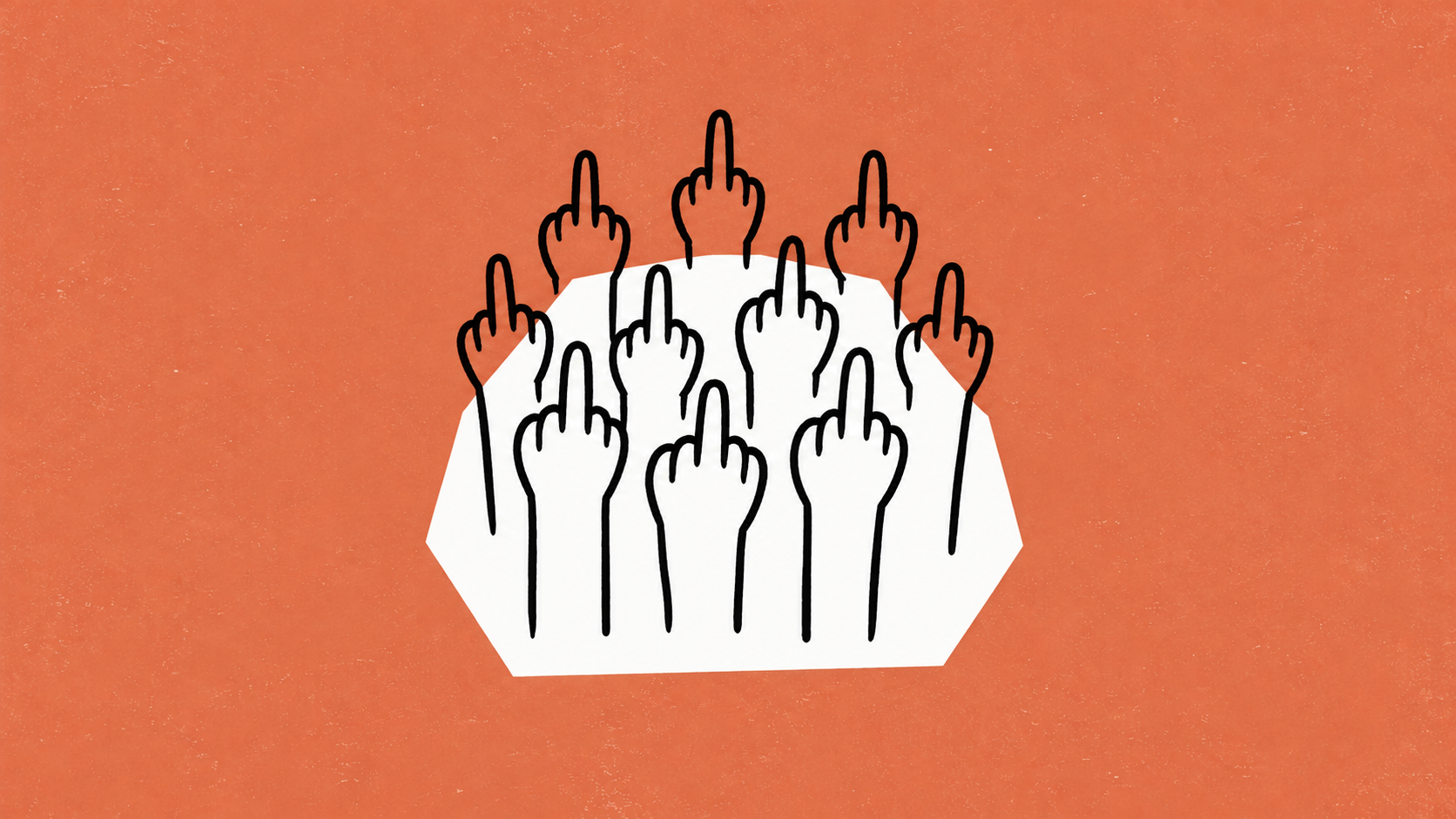 A cluster of black outlined hands raises middle fingers above a white shape on a textured orange background.