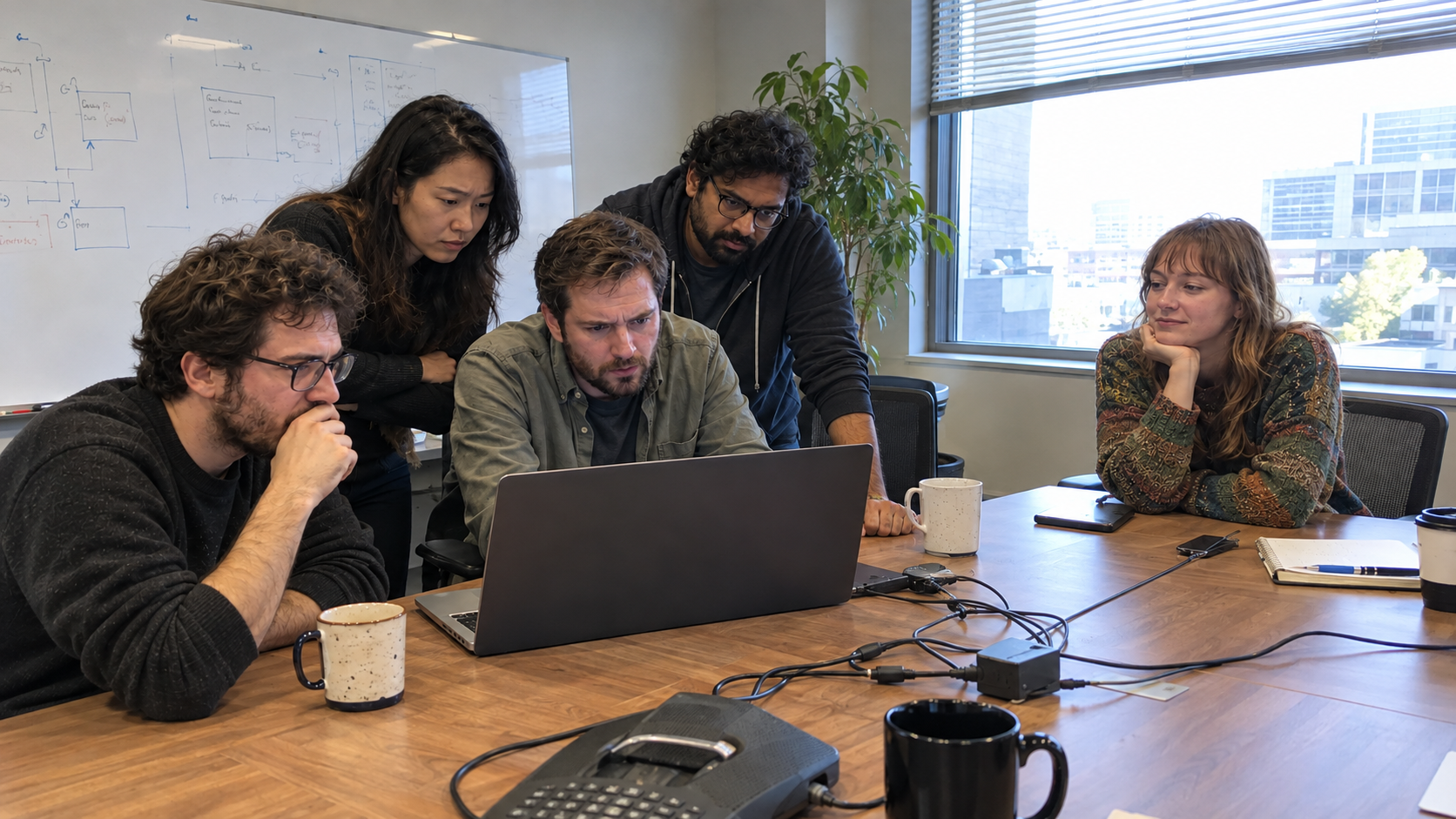Five colleagues gather around a laptop at a conference table.