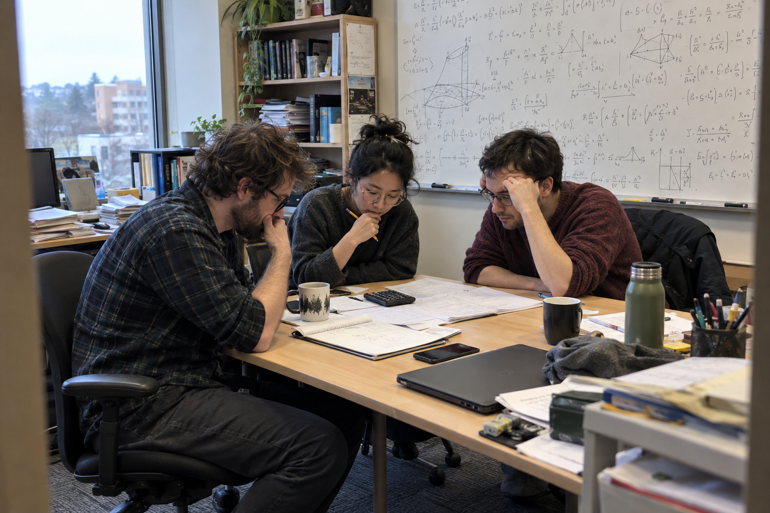 Three researchers study a calculator at a table beneath a whiteboard covered in equations.